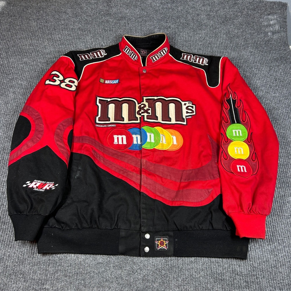 JH Design NASCAR M&Ms Racing Jacket Mens 4XL Red Black Elliott Sadler 38 Twill